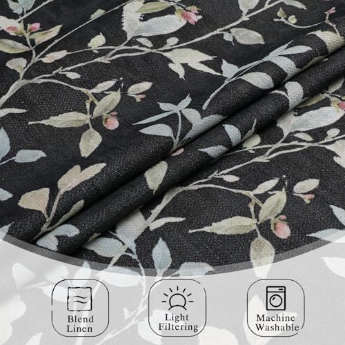 Image of Chyhomenyc Linen Blend Window Curtains 63 Inch Length 2 Panels, Light Filtering Floral Printed Curtain Drapes for Living Room, Rod Pocket Soft Bedroom Curtain Panels, 38Wx63L Inch, Black