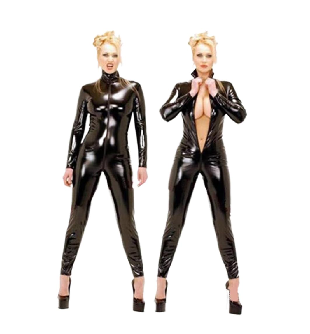 BERMEL Tuta Sexy da Donna Catsuit Body in Pelle Verniciata Lucida, Effetto Bagnato Lattice, Cerniera Nero (L)