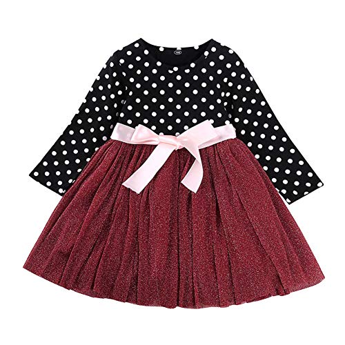 AWIBMK Toddler Baby Girls Clothes Long Sleeve Polka Dot Multilayer Tulle Tutu Dress Party Birthday Dress Fall Outfits Wine red 6-7 Years