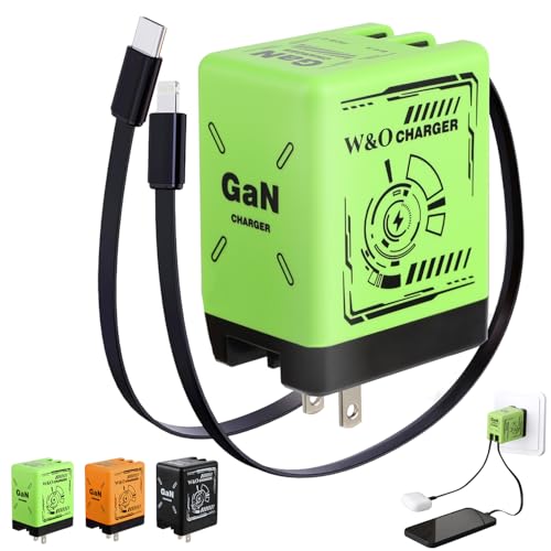 W&O 2-in-1 GaN Compatible with Fast Charger GaN Charger Fast Charging Retractable Phone Chargers Wall Plug with Lightning and Type-C Cables Foldable Chargers for iPhone&Most Android Green