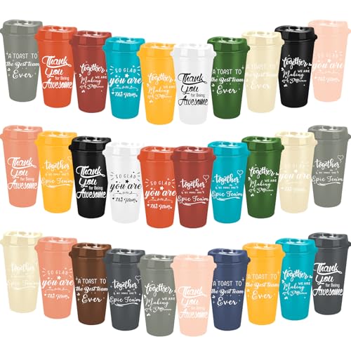 OGMBI 30 Pcs Thank You Plastic Coffee Cups with Lids, 16 oz Reusable Inspirational Team Tumblers Bulk, Employee Appreciation Gift Travel Mug for Coworker Staff Teacher Group Volunteer (Colorful)