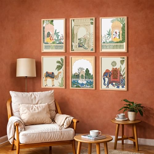 Image of NoWorries Traditional Madhubani Wall Frames for Living Room | Minimal Art Pattern Framed Poster Paintings for Wall Decor Set of 6 (10x13 inches, Multicolor) (ART-10)