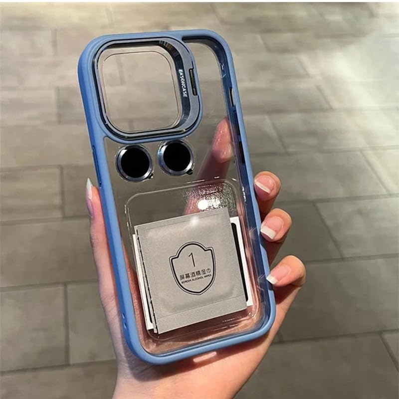 Image of Clear Case for iPhone 15 Plus | Metal Lens Protector & 180 Rotating Bracket | Shockproof Transparent Hard Back Cover with Soft TPU Frame - Sierra Blue
