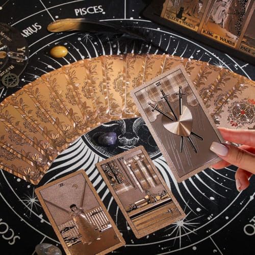 Image of AYME Rose Gold foil Tarot Cards Game with Guide Book, 78 Cards Tarot Deck for Beginners and Professional Player with Box Tarot PVC Durable Waterproof Wrinkle Resistant