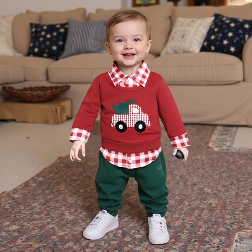 Toddler Boy Halloween Clothes Baby Christmas Outfits Pumpkin/Truck Embroidery Long Sleeve Plaid Fall Sweatshirt3