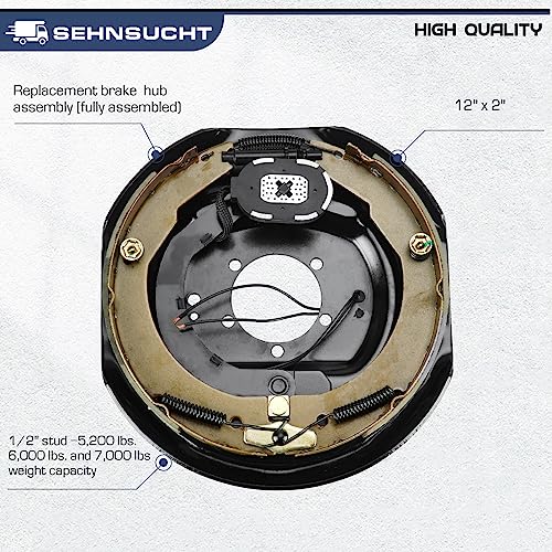 Sehnsucht BRD008 Trailer Axle Electric Brake Kit, Pair Of 8-6.5 Inch Bolt Circle Brake Drum With 12 Inch X 2 Inch Self Adjusting Electric Brakes For 5200-7000 Lb Axles, Replacement 12 Inch Brake Hub Drum Assembly thumb #2