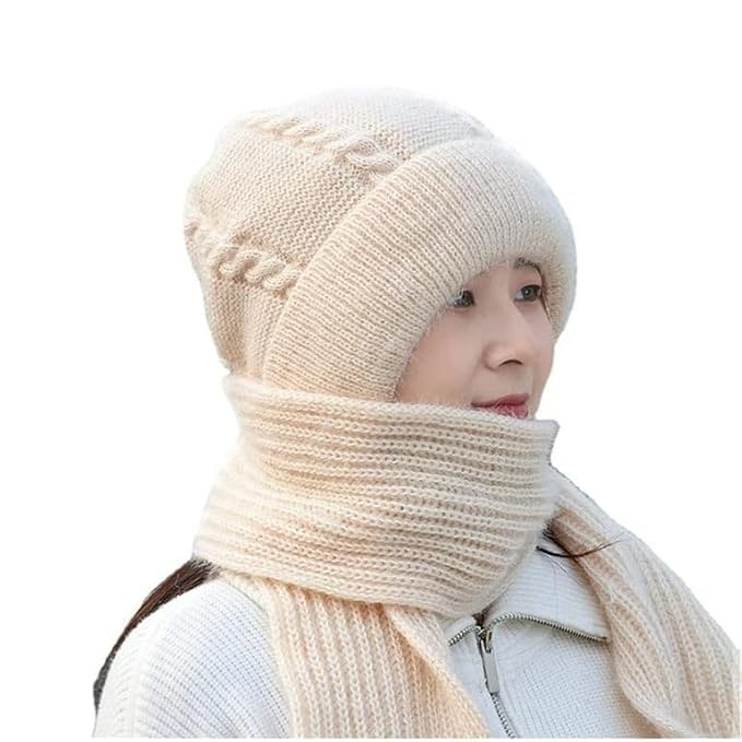 2 in 1 Windproof Scarf with Cap Integrated Ear Guard Hat Plus Velvet, Winter Warm Stole Soft Knitted Beanie Hats Scarf- Fur Cap with Stylish Muffler Woolen Caps for Women & Girls