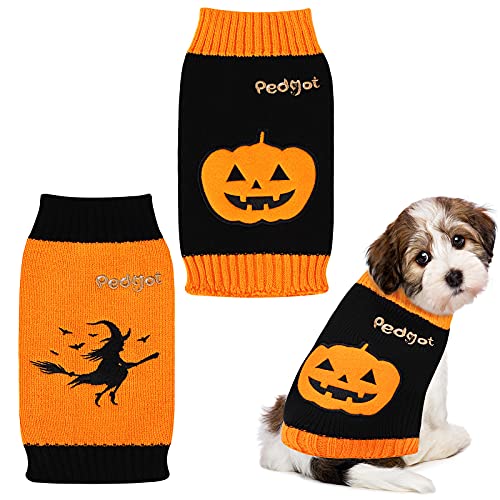 Pedgot 2 Pieces Dog Halloween Sweater Pumpkin, Witch Dog Apparel Soft Pet Sweaters Autumn Winter Pet Clothes for Dog Cat Halloween Holiday Supplies, Small