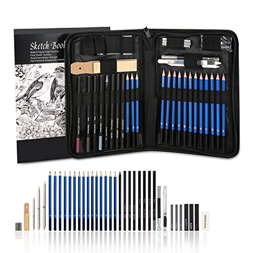 41PCS Crayons Croquis (avec 1 Carnet à Dessin), Crayons Dessin Crayons de Fusain Graphite Comprenant Bâtonnets, Couteau, Extenseur, Taille-crayons et Pochette de Transport