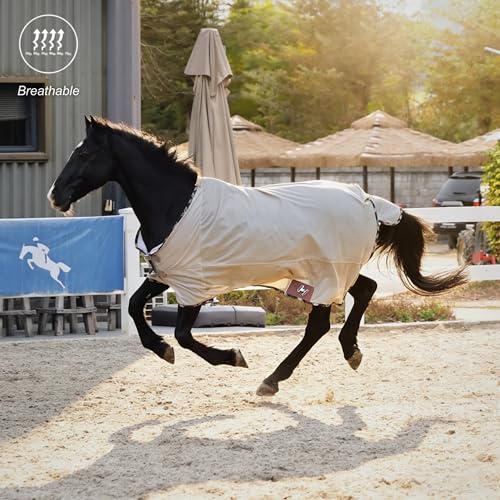 Image of BARN & STABLE Breathable and UV Protective Tear-Resistant Mesh Horse Fly Sheet Comfy Equine Summer Sheet with Removable Web Leg Straps (Sand, 69 in)