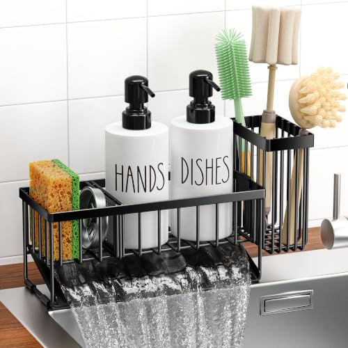 Image of MASADI Kitchen Dish Soap Dispenser Set with Sponge Holder, 12OZ Glass Bottle, Hand and Dish Soap Dispenser Set, Non-Slip Silicone Pad, Brush Holder, Kitchen Sink Organizer Countertop (Black+White)