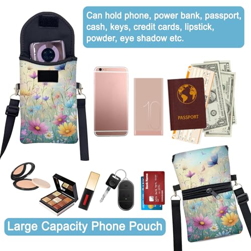 Image of Neoprene Cell Phone Sleeve Pouch Case Bag with Crossbody Strap Neck Lanyard for Women 7.5 X 4.3 in Colorful Flowers