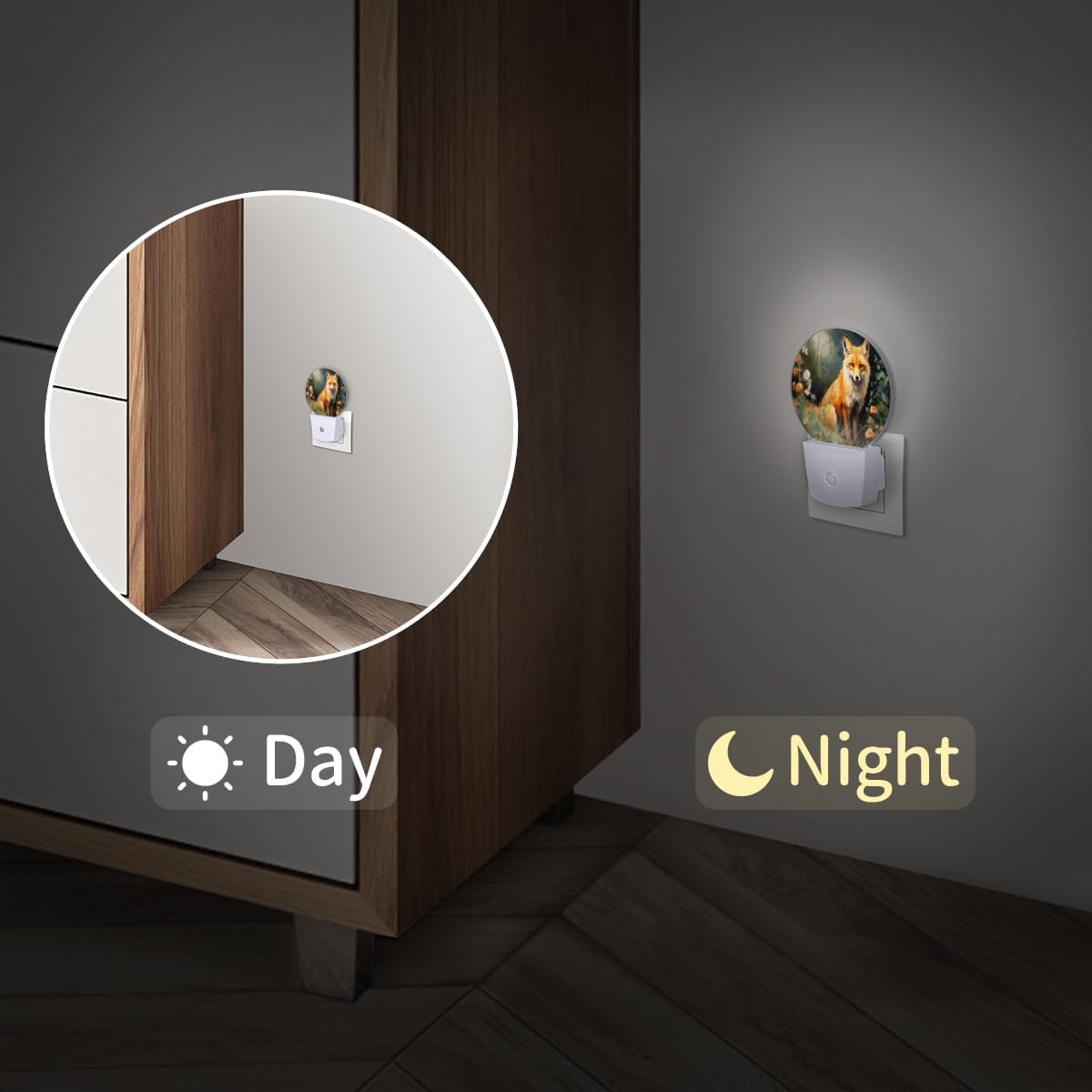 Pardick 2PCS Plug in Night Light, Fantastic Fox Night Lights Plug Into Wall Warm Night Light Beautiful Fox Dusk to Dawn Sensor LED Lights for Stairway Bedroom Kitchen Hallway Room Decor