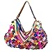 SegaterÂ® Womenâ€™s Full Sheepskin Tobo Bag Multicolour Patchwork Shoulder Bag 3D Leaf Stripe Pattern Colorful Tassel Handbag Purses Multicoloured