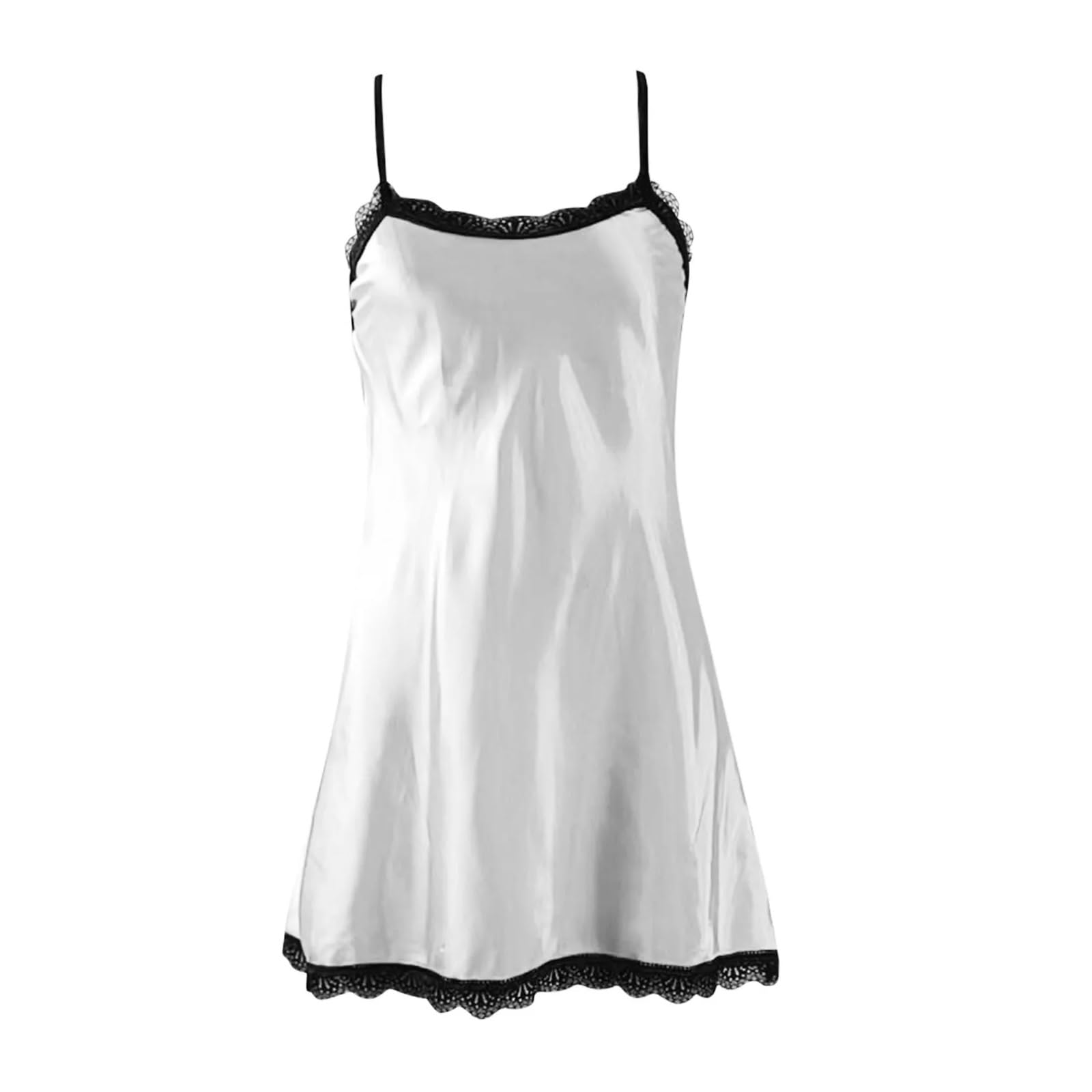 Sottoveste Seta Lingerie da Notte Sexy in Pizzo Bianco con Scollo a V e Abiti da Notte da Donna in Raso di Seta con Spalline e Maniche a Pipistrello(S)