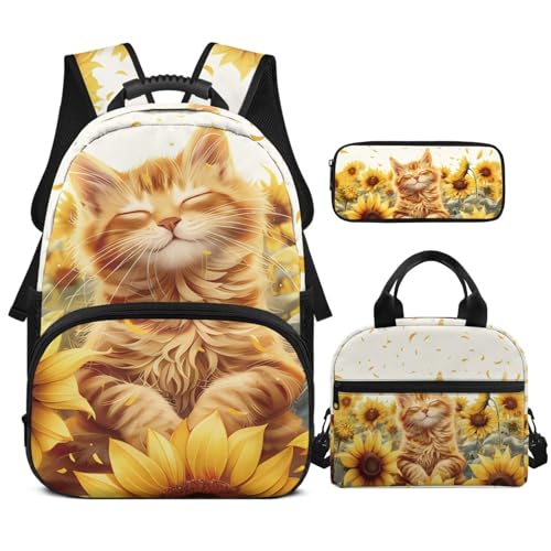 HUGS IDEA Sunflower Orange Cat Backpack for Girls 4-6 with Lunchbox Cute Cat School Bags for Toddler Girls 3 Packs Backpack with Lunch Box Bag Pencil Case Kids Outdoor Sports Travle Bag