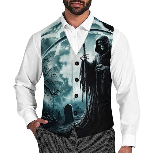 Grim Reaper in Moon Men's Suit Vest Slim Fit V-Ncek Waistcoat Business Casual Vest
