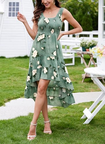Image of Kormei Women's Casual Smocked Tank Dress Sleeveless High Low Flowy Summer Beach Tiered Loose Maxi Long Dresses L Green Floral