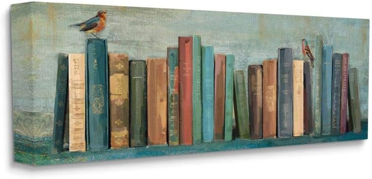 Stupell Industries Books and Birds Green Blue Textured Painting, Design by Main Line Studio Wall Art, 20 x 48, Canvas 20x48 Gallery Wrapped Canvas