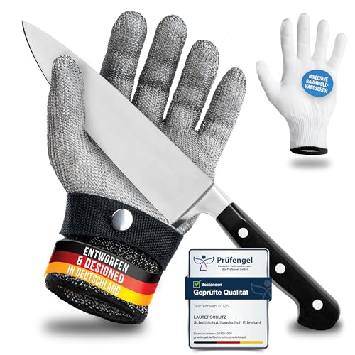 ® Schnittschutzhandschuh aus Edelstahl-Draht - hoher komfort & sicheres Schneiden - praktisch, leicht zu reinigen & lebensmittelecht - inklusive Baumwoll Handschuh (XL)