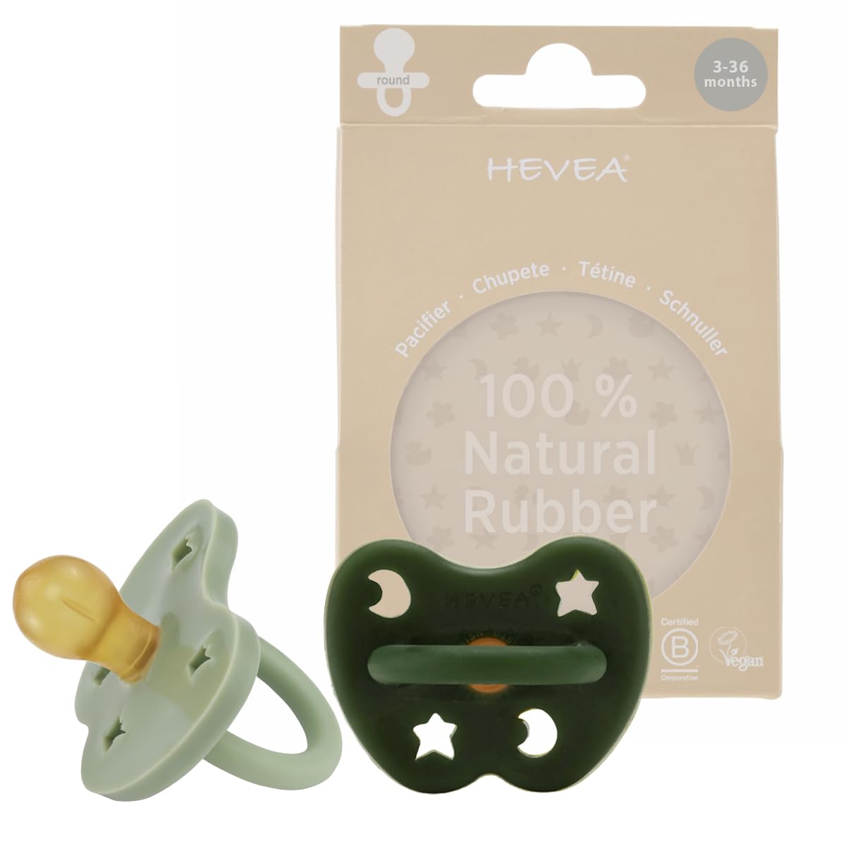 HEVEANatural Rubber Pacifier Round 3-36 Months – Hygienic One Piece Design for Newborns to Toddlers, BPA-Free, Soft & Durable – 2-Pack (Moss Green & Deep Forest Green)