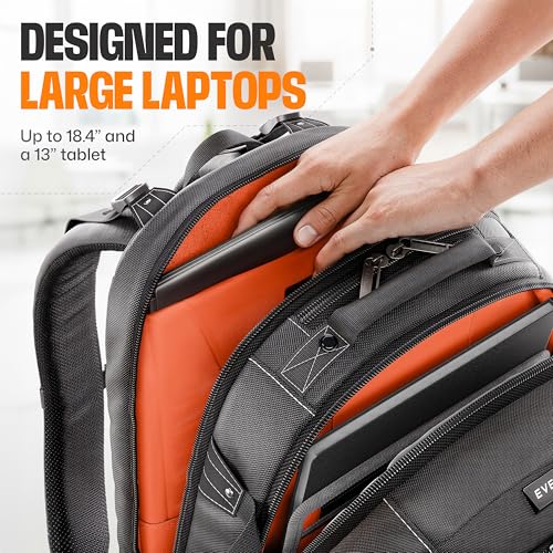Image of EVERKI Business 120 Laptop Backpack with Rain Cover, Black - 40L | 5-point balance strap, file divider, water-repellent exterior, orange interior, fits laptops up to 18.4 inches