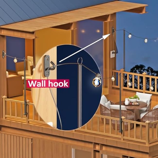4 Pack 6.5FT Stainless Steel String Lights Pole Bracket/Holder with 2 Wall Hooks for Deck Railing Wood Posts (Black)