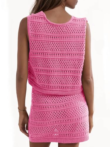 Saodimallsu Womens Crochet Swim Cover Up 2 Piece V Neck Sleeveless Front Tie Crop Tops Beach Mini Skirt Coverup Set Rose Red — view 6