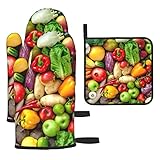 Juego de 3 guantes de horno y soportes para ollas de frutas y verduras frescas, guantes resistentes al calor para cocina, hornear, guantes de horno de barbacoa