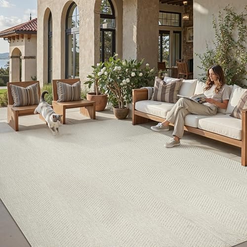 PureCozy Outdoor Rug 200x300cm Rugs Living Room Garden Patios Waterproof Beige Indoor Carpet Washable Anti Slip Jute Look Large Outside Carpets Bedroom Office Dining Room Mat