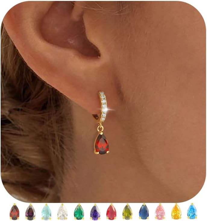 TOBENYDangle Earrings for Women Trendy 14K Plated Hypoallergenic Drop Hoop Earrings Dainty Diamond Green Emerald Birthstone Huggie Earrings for Birthday Gifts
