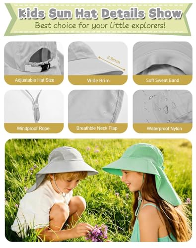 Image of Rosoz Kids Sun Hat with Neck Flap UV Protection Summer Toddler Beach Hat Unisex Ponytail Hat Wide Brim Fishing Hat