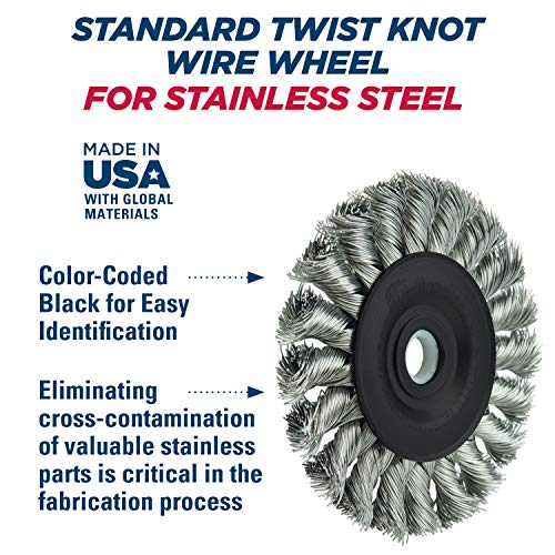 Image of Weiler 08264 Dualife 1 /2 inch-3 /8 inch Arbor, 0.014 inch Wire Size, 3 inch Diameter, 3 /8 inch Face Width, 302 Stainless Steel Bristles Standard Twist Knot Wire Wheel Brush, Made in the USA