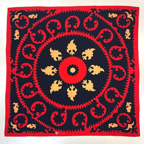 100% Silk Square Scarf 35” Suzani Red & Black Pattern Lightweight Headscarf with Gift Packaging2