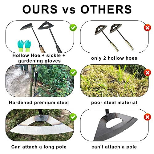 Zimchado Pack Of Weeding Tool Hollow Hoe And Japanese Sickle Garden Tool And A Pair Of Professional Gardening Gloves - Heavy Duty Very Sharp Gardening Hand Tools For Landscaping - Nejiri Gama Hoe #TOP6