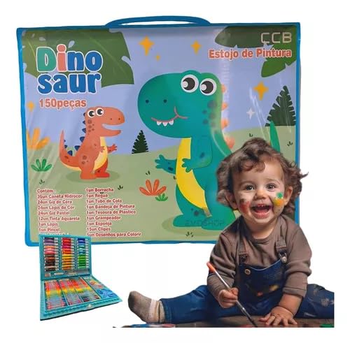 Estojo de Pintura Infantil 96 Peças - Tema Dinossauro com Canetinhas, Giz e Lápis, Aquarela, Borracha, Régua