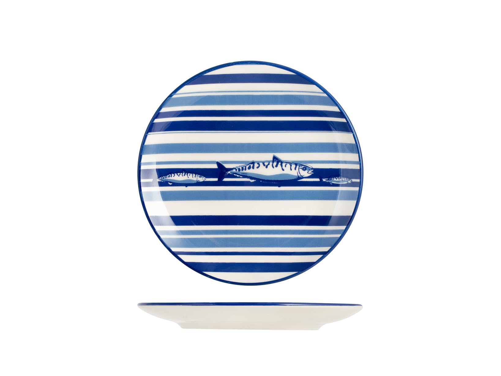 H&H Puerto Servizio Tavola 18 Pezzi in Stoneware – Set Piatti Decorati Blu e Azzurro con Motivo Pesce – Lavabile in Lavastoviglie, Perfetto per Estate, Case al Mare e Cene a Tema