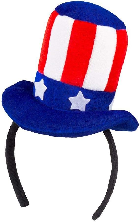 Boland USA Themed Mini Top Hat on Headband, Uncle Sam Hat, Soft, Plush, 4th of July, Stars and Stripes, USA Fancy Dress Accessory, Headwear, Ladies, Party, Festival, Carnival, Adult, One Size