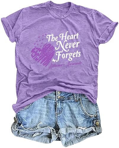 Alzheimers Awareness Shirts Women The Heart Never Forgets T-Shirt Graphic Alzheimers Gifts Tees Casual Tops