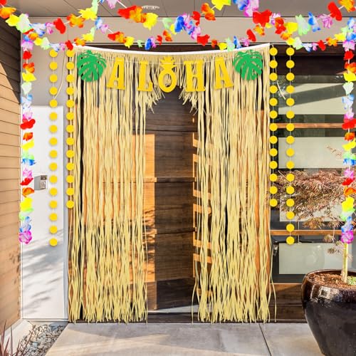 Image of Dingion 4 Pcs Hawaiian Aloha Party Decor Luau Theme Party Supply Tiki Decor Summer Raffia Door Curtain, Gold Glittery Aloha Banner, 2 Tropical Luau Leis for Hawaiian Holiday Birthday Wedding Beach