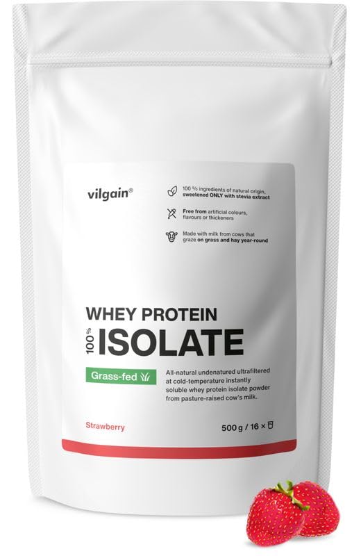Vilgain Grass-Fed Whey Protein Isolat (500g) Fraise – Poudre de Protéine Naturelle de Lait de Pâturage, À la Stévia, Low Carb et Faible en Graisse, Poudre Instantanée Pour la Prise de Masse