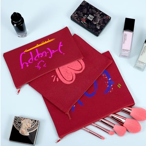 Image of 12 Pieces Cotton Canvas Makeup Bag, Multipurpose Cosmetic Bag with Zipper Travel Toiletry Pouch, Blank DIY Craft Bag (Red, L)