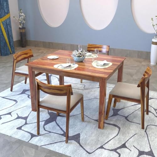 Image of Sheesham Wood 4-Seater Dining Table - Solid Wood, Handcrafted Finish with Beige Cushions for Home - Sturdy & Stylish (Natural Wood Finish)