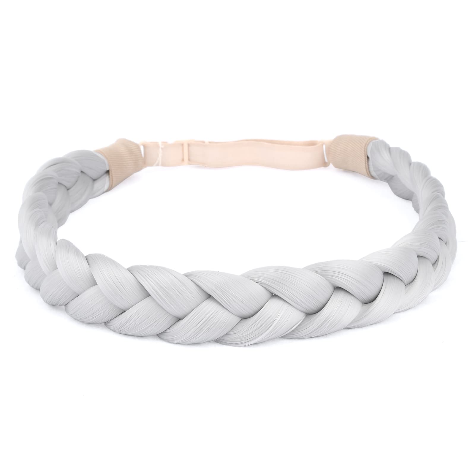 BOBIYA 3 Strand Synthetic Hair Braided Headband Classic Chunky Wide Plaited Braids Elastic Stretch Hairpiece for Women Girl Beauty Accessory (Light Gray) - Image 2