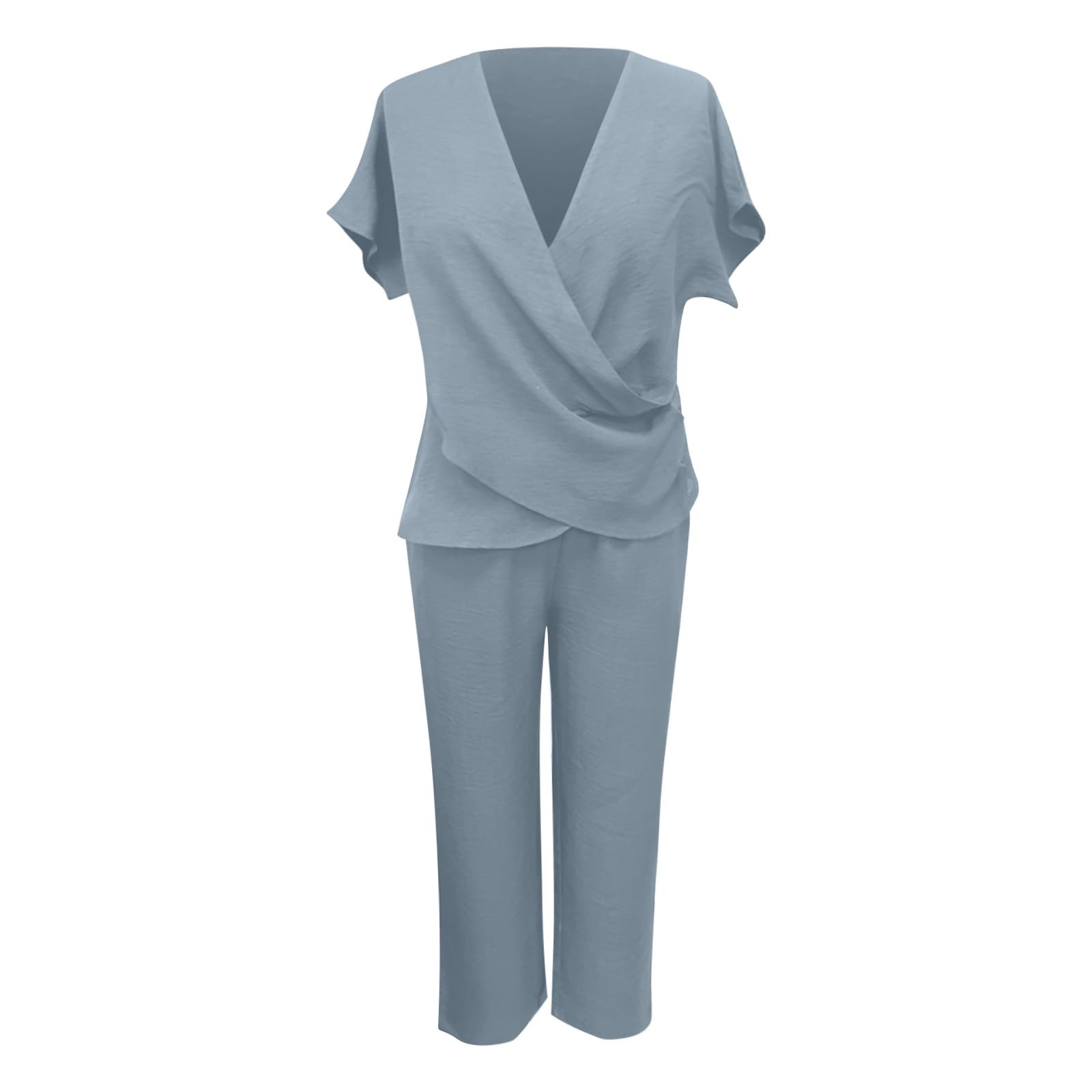 Set Damen Outfit Zweiteiliges Damen-Outfit: Wickeloberteil Mit V-Ausschnitt Und Cropped-Hose, Lässiges - Für Den Festliche Damenmode Hose Oberteil Sommer Sport Fitness 2 Teiler Elegant