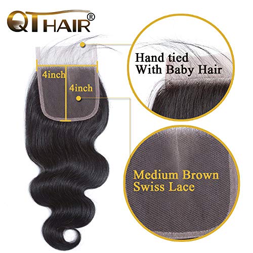 Qthair 12A Brazilian Virgin Hair Body Wave Human Hair Bundles With Closure(12" 14" 16" With 10" 4X4 Closure) 100% Unprocessed Virgin Brazilian Body Wave Human Hair Weave With 4X4 Swiss Lace Closure #TOP5