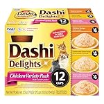 INABA Dashi Delights for Cats, Shredded Chicken with Bonito Flake Broth, 2.5 Ounce Cup, 12 Cups Total, Chicken Variety