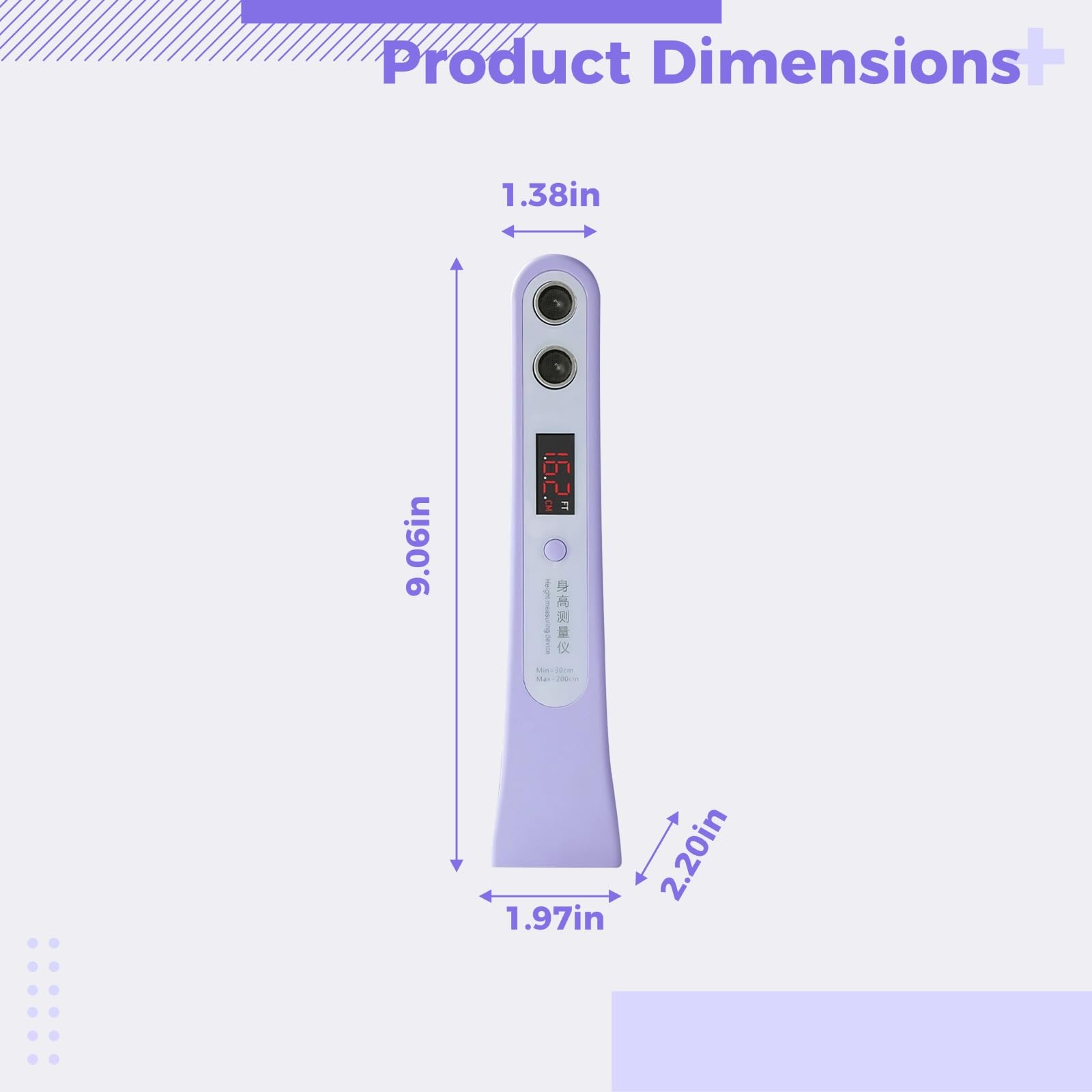 Ultraschall Körpergrößenmessgerät, tragbares kabelloses Höhenmessgerät, elektronisches Höhenlineal für Kinder und Erwachsene, 9,1 Zoll 23 cm, Violett