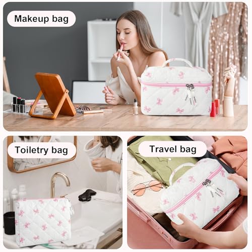 3PCS Makeup Bag Set, Cute Quilted Floral Cosmetic Bag, Large Travel Aesthetic Make up Bag, Coquette Makeup Pouch Toiletry Bag for Women Girls3