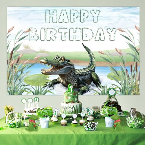 Alligator Birthday Party Decorations Crocodile Happy Birthdays Backdrop Alligator Themed Background for Boys Reptile Themed Jungle Safari Green Leaf Swamp Reptile Animal Supplies 5 * 3ft by Blisstock - Used condition - Image 2